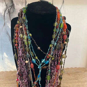 Bundle 6 Beaded long Necklaces Red Green Blue Orange Purple Yellow Brown